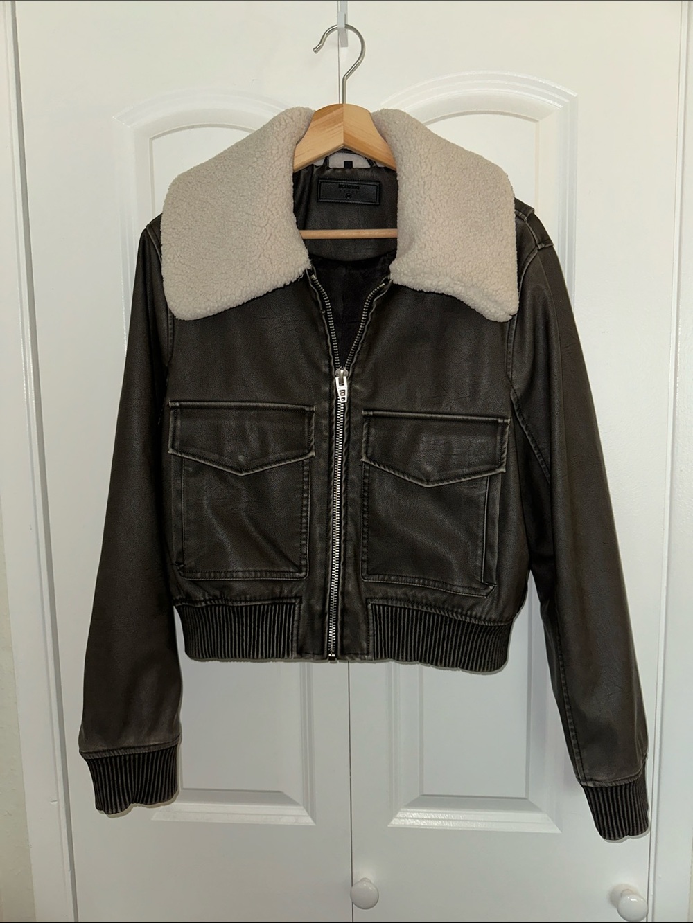 Blank NYC Brown Bomber Jacket with Cream Sherpa Collar
